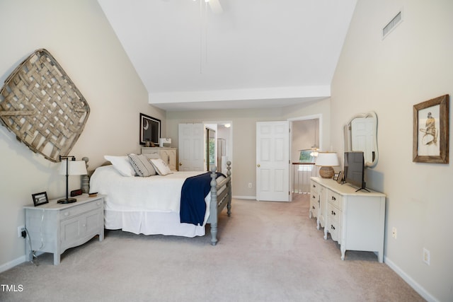 114 Colchis Ct, Cary, NC 27513 - bedroom featuring light carpet, baseboards, high vaulted ceiling, and ensuite bathroom