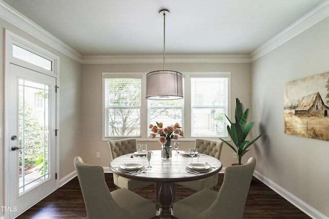 5638 Wade Park Blvd, Raleigh, NC 27607 - dining room featuring healthy amount of natural light, dark wood-style floors, ornamental molding, and baseboards