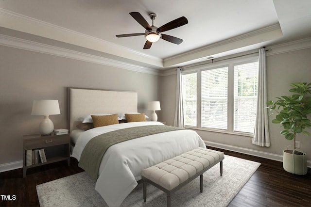 5638 Wade Park Blvd, Raleigh, NC 27607 - bedroom with a raised ceiling, baseboards, dark wood finished floors, ornamental molding, and a ceiling fan
