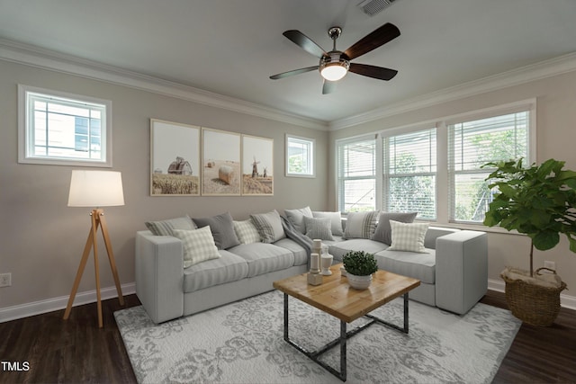 5638 Wade Park Blvd, Raleigh, NC 27607 - living area with wood finished floors, ornamental molding, a ceiling fan, and baseboards