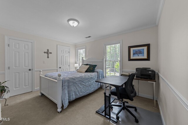 2901 Ceremonial Ct, Raleigh, NC 27615 - bedroom featuring crown molding, light colored carpet, and an office area