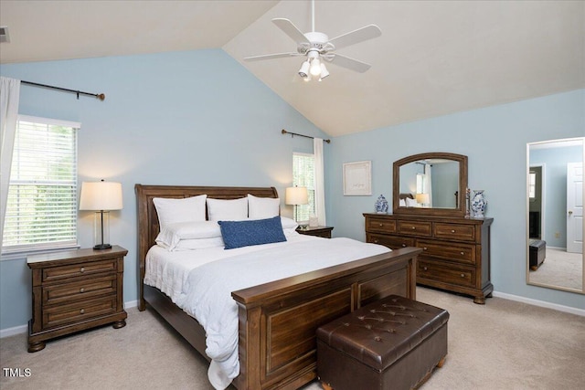 4520 Timberhurst Dr, Raleigh, NC 27612 - bedroom featuring light colored carpet, lofted ceiling, baseboards, and ceiling fan