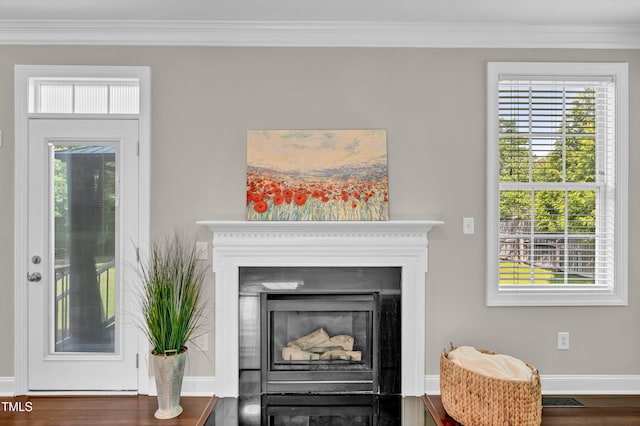 8140 Consella Way, Willow Springs, NC 27592 - detailed view of ornamental molding, a fireplace with flush hearth, wood finished floors, and baseboards