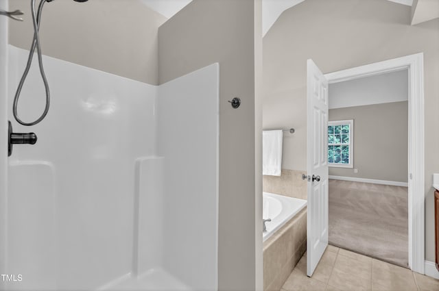 8140 Consella Way, Willow Springs, NC 27592 - bathroom with a shower, a garden tub, vanity, and tile patterned floors
