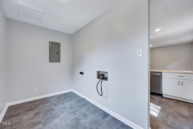 8004 Summit Dr, Goldsboro, NC 27530 - washroom with electric panel, washer hookup, baseboards, recessed lighting, and attic access