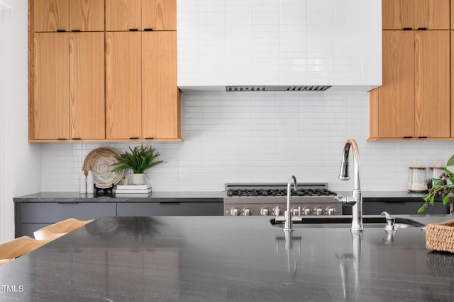 1405 Watts St, Durham, NC 27701 - kitchen with decorative backsplash, a sink, custom range hood, and dark stone counters