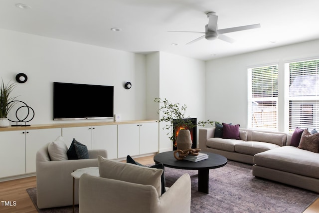 1405 Watts St, Durham, NC 27701 - living room featuring light wood-style flooring, a ceiling fan, and recessed lighting