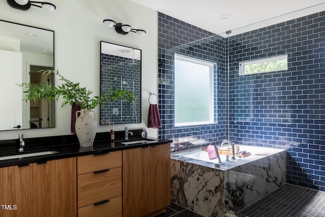 1405 Watts St, Durham, NC 27701 - full bath with a bath, healthy amount of natural light, double vanity, and a shower