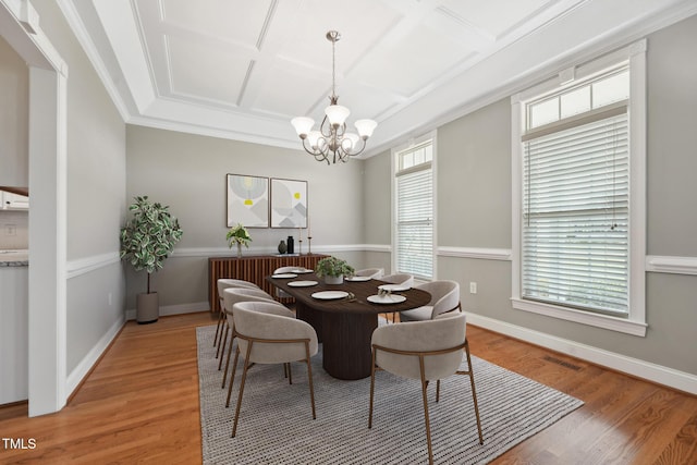 105 Bagley Ln, Dunn, NC 28334 - dining area featuring coffered ceiling, a chandelier, light wood-style flooring, baseboards, and ornamental molding