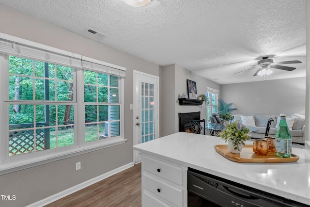 501 Gooseneck Dr Unit B2, Cary, NC 27513 - kitchen with wood finished floors, dishwasher, a textured ceiling, baseboards, and a warm lit fireplace