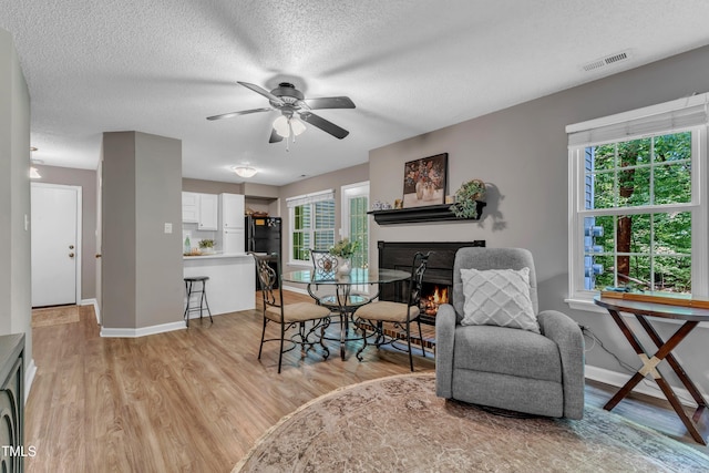 501 Gooseneck Dr Unit B2, Cary, NC 27513 - dining room with a ceiling fan, a warm lit fireplace, a textured ceiling, light wood-style flooring, and baseboards