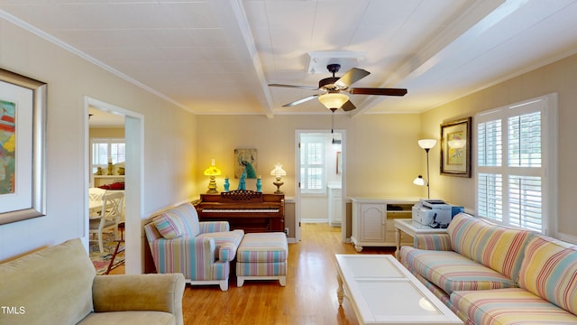 4509 Stevens Chapel Rd, Smithfield, NC 27577 - living area featuring light wood-style flooring, crown molding, ceiling fan, and baseboards