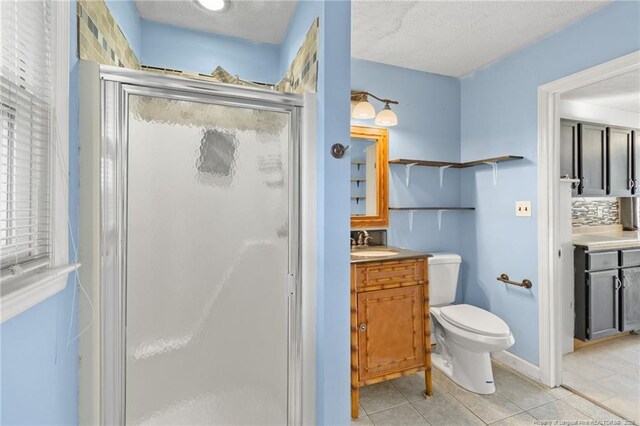 5409 S Sumac Cir, Fayetteville, NC 28304 - bathroom featuring a shower stall, tile patterned flooring, vanity, toilet, and decorative backsplash