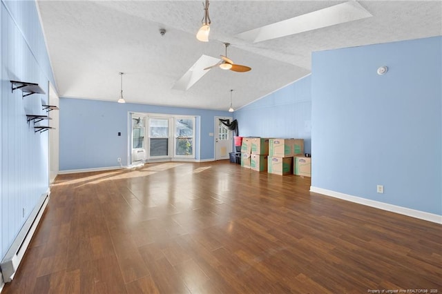 5409 S Sumac Cir, Fayetteville, NC 28304 - unfurnished living room with a baseboard radiator, lofted ceiling, ceiling fan, baseboards, and a textured ceiling