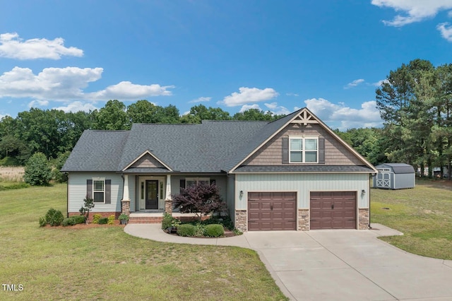 7055 NC-242, Dunn, NC 28334 - craftsman inspired home with a front yard, concrete driveway, a porch, stone siding, and a shingled roof