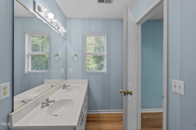 5134 Greenville Loop Rd Apt D, Wilmington, NC 28409 - full bath with double vanity, wood finished floors, healthy amount of natural light, a textured ceiling, and baseboards