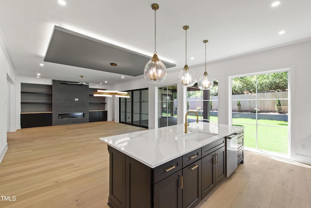 2805 Van Dyke Ave, Raleigh, NC 27607 - kitchen featuring a sink, light wood-type flooring, dishwasher, a large fireplace, and recessed lighting