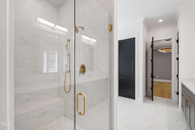2805 Van Dyke Ave, Raleigh, NC 27607 - full bathroom featuring crown molding, a stall shower, vanity, and marble finish flooring