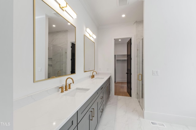 2805 Van Dyke Ave, Raleigh, NC 27607 - full bath featuring marble finish flooring, double vanity, a shower stall, baseboards, and crown molding