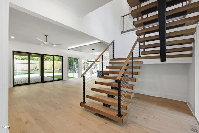 2805 Van Dyke Ave, Raleigh, NC 27607 - staircase featuring hardwood / wood-style flooring, ceiling fan, baseboards, ornamental molding, and recessed lighting