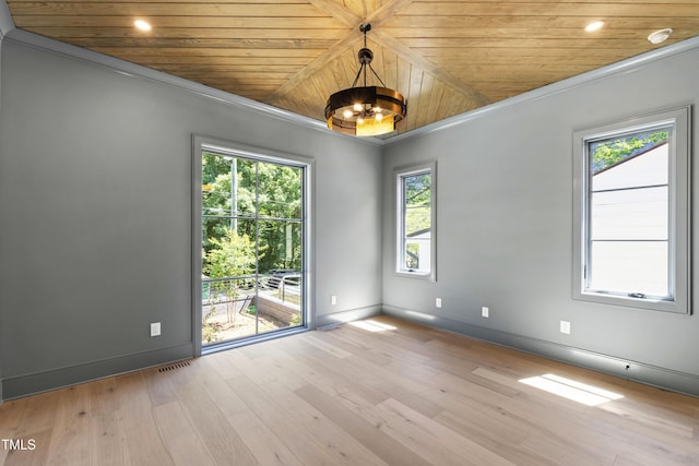 2805 Van Dyke Ave, Raleigh, NC 27607 - unfurnished room featuring baseboards, wood ceiling, ornamental molding, light wood-style floors, and a chandelier