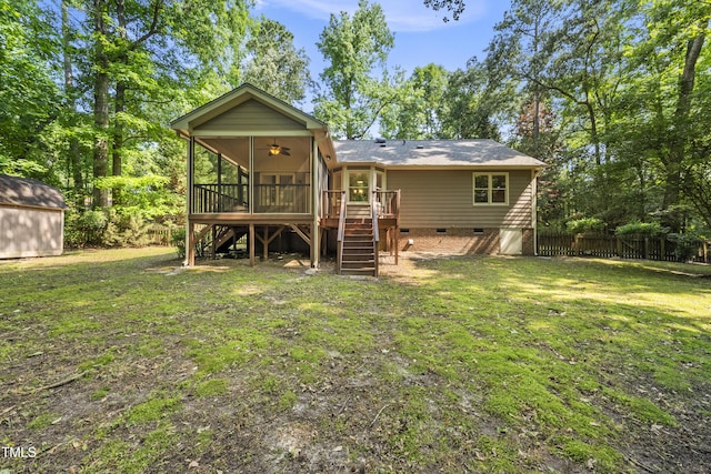 6009 Shadow Moss Cir, Raleigh, NC 27603 - rear view of property featuring crawl space, stairs, a ceiling fan, a sunroom, and roof with shingles