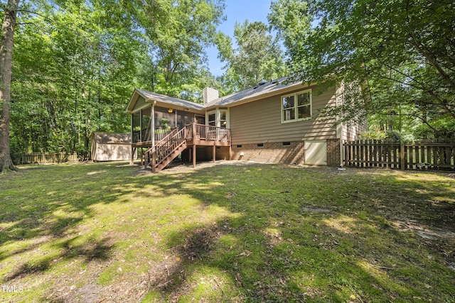 6009 Shadow Moss Cir, Raleigh, NC 27603 - back of house with a sunroom, crawl space, a chimney, and stairs