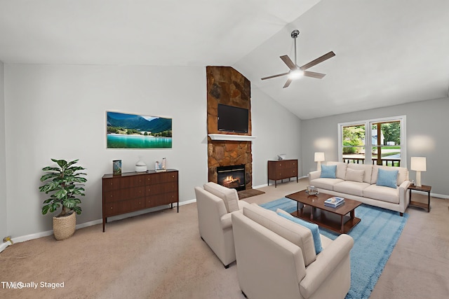 6009 Shadow Moss Cir, Raleigh, NC 27603 - carpeted living room featuring ceiling fan, a stone fireplace, vaulted ceiling, and baseboards