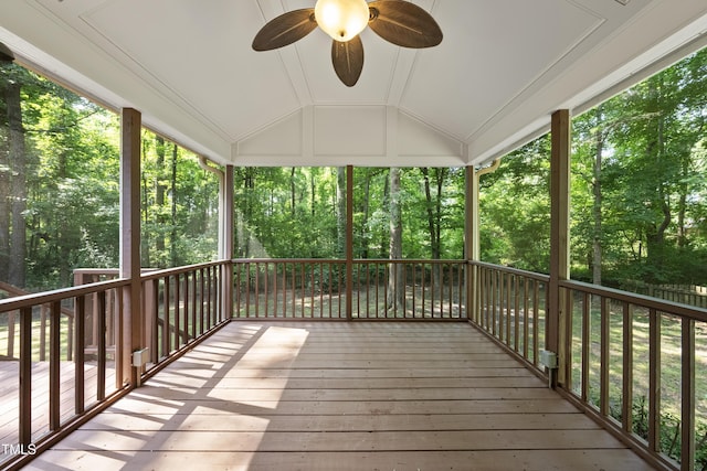 6009 Shadow Moss Cir, Raleigh, NC 27603 - wooden terrace with a ceiling fan and view of wooded area