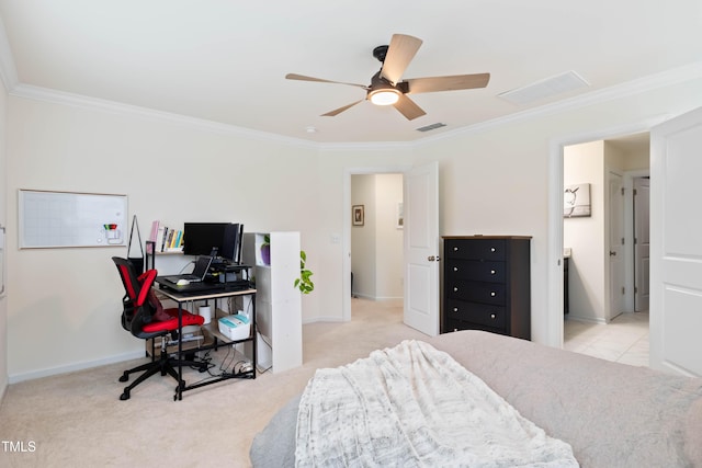 6928 Leesville Rd, Raleigh, NC 27613 - carpeted bedroom with ornamental molding, an office area, and a ceiling fan