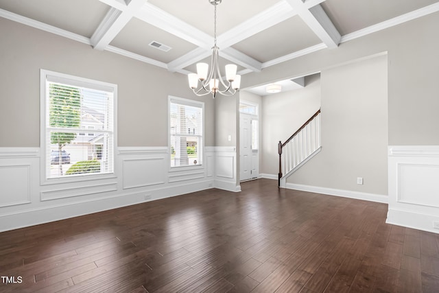 33 E Ravano Dr, Clayton, NC 27527 - foyer entrance featuring a chandelier, stairs, a wainscoted wall, plenty of natural light, and coffered ceiling