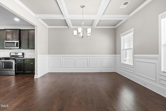 33 E Ravano Dr, Clayton, NC 27527 - unfurnished dining area featuring a chandelier, beam ceiling, dark wood-style flooring, a wainscoted wall, and coffered ceiling