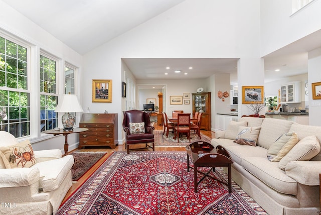 850 N Langdon, Pittsboro, NC 27312 - living room with high vaulted ceiling, wood finished floors, and recessed lighting