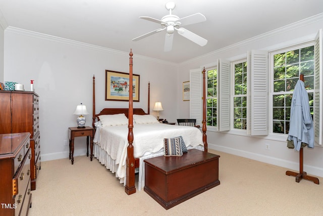 850 N Langdon, Pittsboro, NC 27312 - bedroom featuring light colored carpet, baseboards, ornamental molding, and a ceiling fan