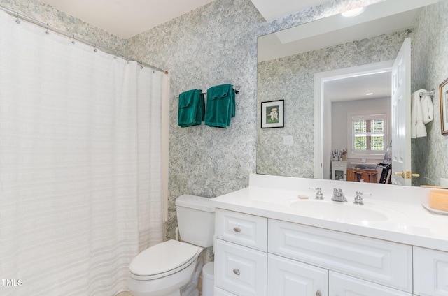 850 N Langdon, Pittsboro, NC 27312 - full bath featuring toilet, vanity, wallpapered walls, and a shower with curtain