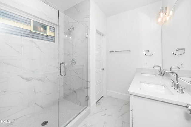 1621 Ella Wiggins Way, Raleigh, NC 27603 - bathroom with marble finish floors, a marble finish shower, double vanity, and baseboards