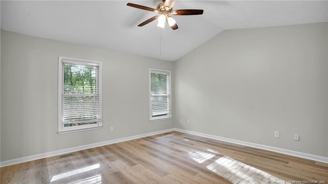 21 Dinghy Dr, Sanford, NC 27332 - spare room featuring light wood-type flooring, ceiling fan, lofted ceiling, and baseboards