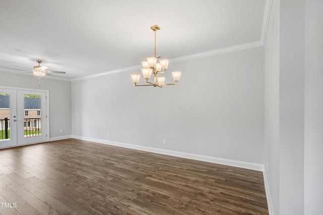 209 Broomgrove Way, Wake Forest, NC 27587 - empty room featuring ornamental molding, dark wood-type flooring, a chandelier, baseboards, and french doors
