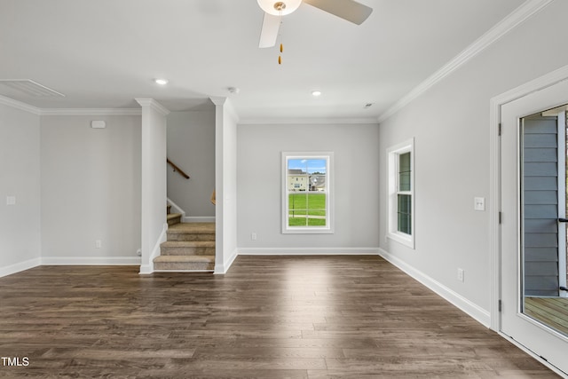 209 Broomgrove Way, Wake Forest, NC 27587 - unfurnished living room featuring crown molding, dark wood-style flooring, a ceiling fan, stairway, and recessed lighting