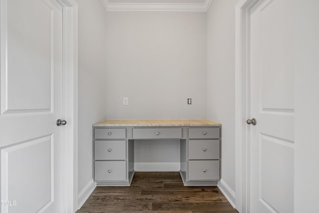 209 Broomgrove Way, Wake Forest, NC 27587 - unfurnished office with built in study area, dark wood-style flooring, ornamental molding, and baseboards