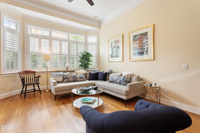 3928 Bentley Bridge Rd, Raleigh, NC 27612 - living room featuring crown molding, wood finished floors, ceiling fan, and baseboards