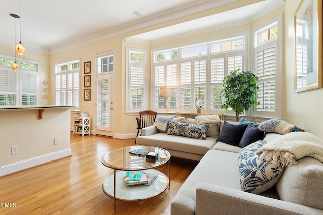 3928 Bentley Bridge Rd, Raleigh, NC 27612 - living room featuring healthy amount of natural light, crown molding, light wood-style flooring, and baseboards