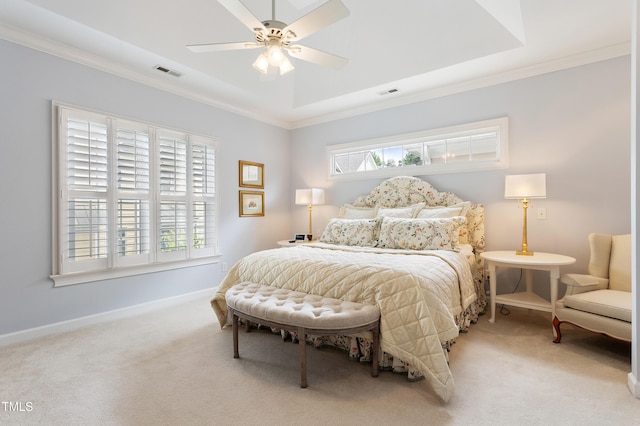 3928 Bentley Bridge Rd, Raleigh, NC 27612 - bedroom with carpet floors, crown molding, baseboards, a tray ceiling, and a ceiling fan