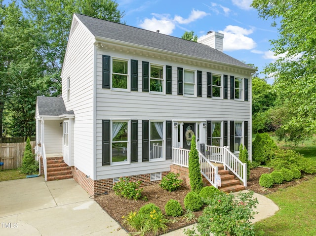 21 Cedar Hill Dr, Durham, NC 27713 - view of front of property featuring crawl space, roof with shingles, and a chimney