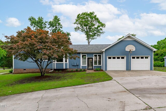 5804 Heathill Ct, Raleigh, NC 27603 - ranch-style house with an attached garage, concrete driveway, a front yard, crawl space, and roof with shingles