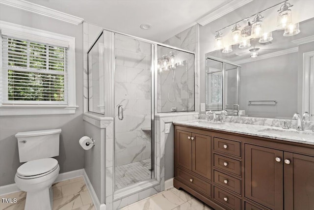 5125 Penny Rd, Raleigh, NC 27606 - bathroom with marble finish floors, double vanity, a marble finish shower, and ornamental molding