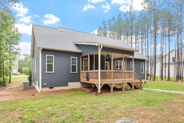 210 Sorrel Dr, Franklinton, NC 27525 - back of property featuring cooling unit, a yard, a wooden deck, ceiling fan, and roof with shingles