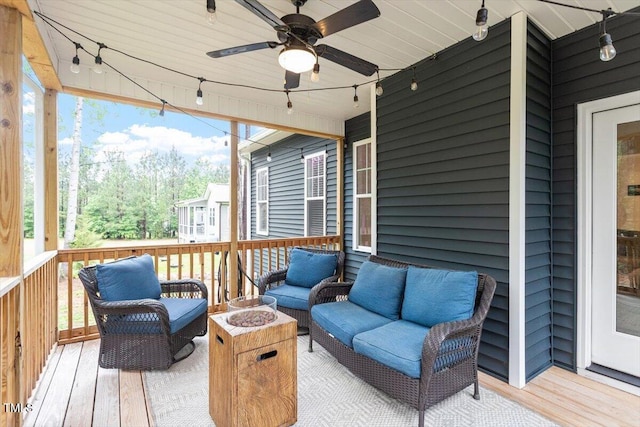 210 Sorrel Dr, Franklinton, NC 27525 - wooden deck featuring an outdoor living space with a fire pit and ceiling fan