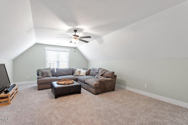 210 Sorrel Dr, Franklinton, NC 27525 - carpeted living area with ceiling fan, lofted ceiling, and baseboards