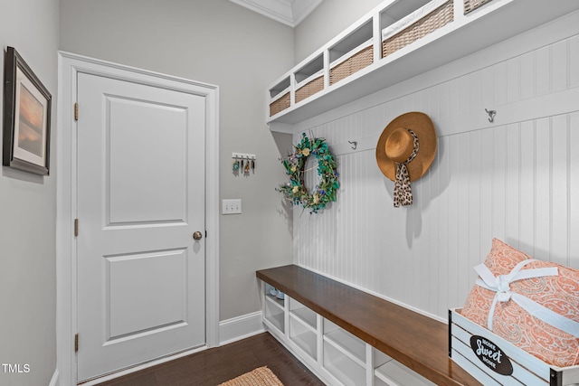 200 Baskerville Ct, Holly Springs, NC 27540 - mudroom featuring dark wood-style floors and crown molding